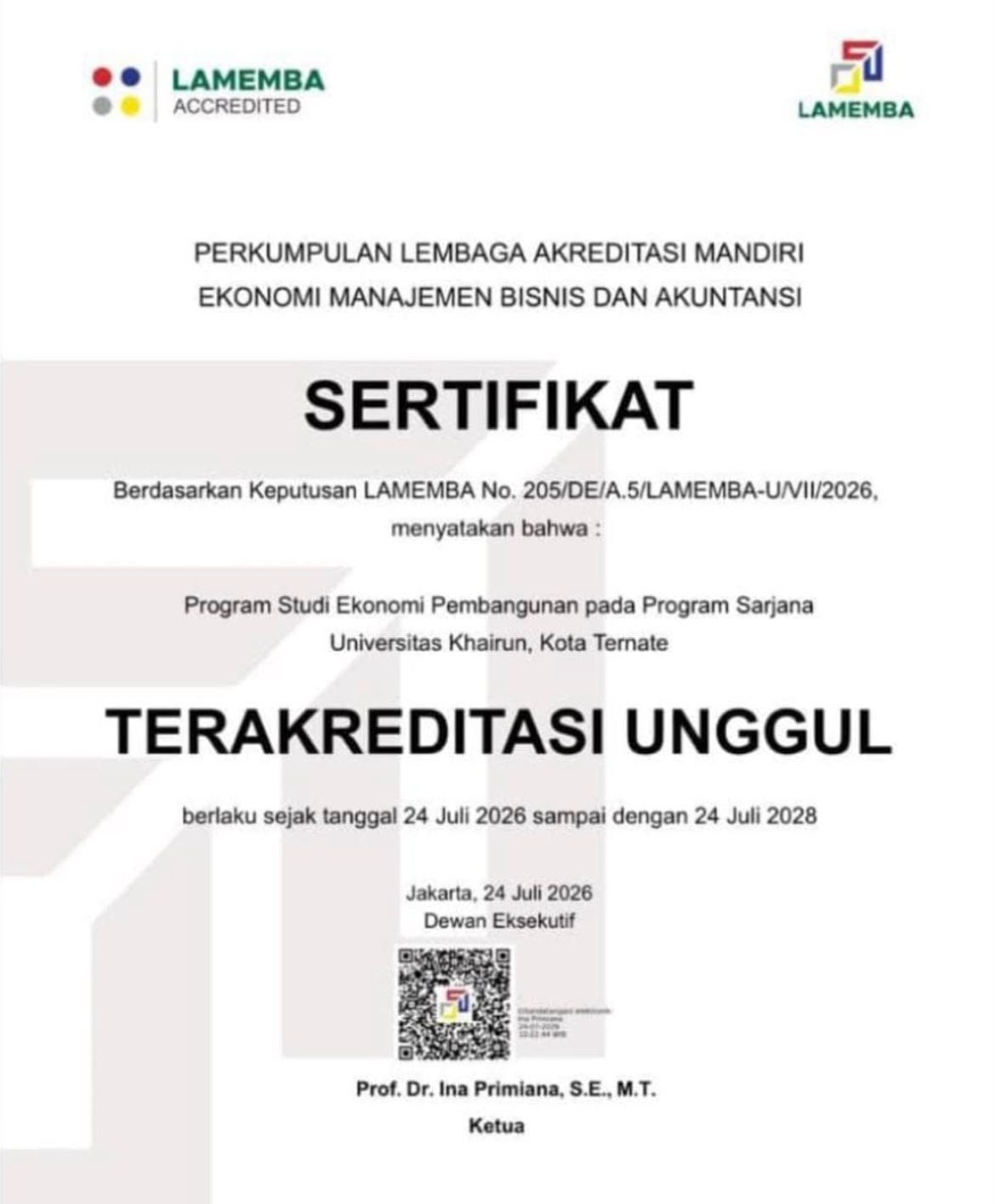 Program Studi Ekonomi Pembangunan FEB Unkhair Raih Akreditasi Unggul dari LAMEMBA